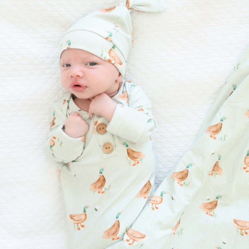 Lucky Ducky Newborn Baby Knot Gown & Hat Set