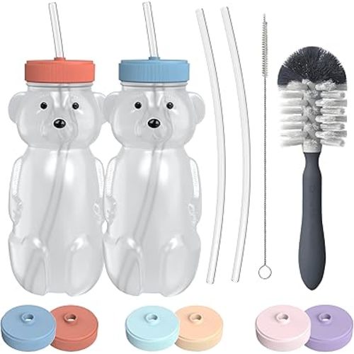 Honey Bear Straw Cup for Babies, 2-Pack Honey Bear Bottle with Travel Lid, Therapy Learning Honeybear Straw Cup, Baby Bottle Set 8 oz, Blueberry Pie & Firetruck