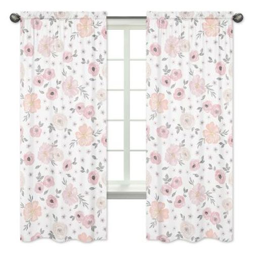 Sweet Jojo Designs Window Curtain Panels 84in. Watercolor Floral Pink And Grey