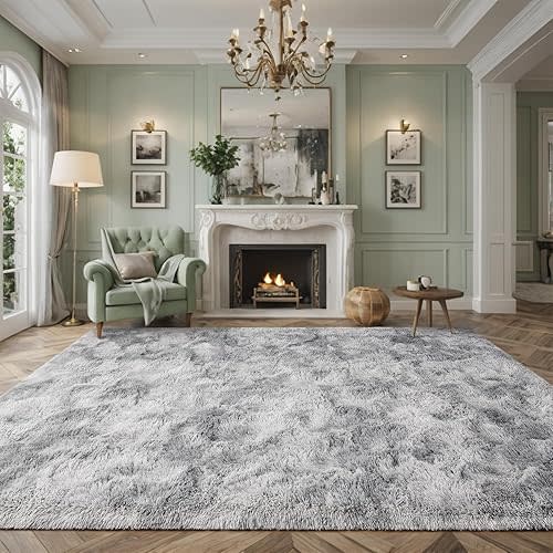 Soft Shag Area Rugs for Living Room Bedroom, 8x10 ft Tie-Dye Light Grey Indoor Modern Carpets, Thickened Rugs Fluffy Fuzzy Plush Rug for Kids Room Nursery Home Decor, Anti Slip, High Pile