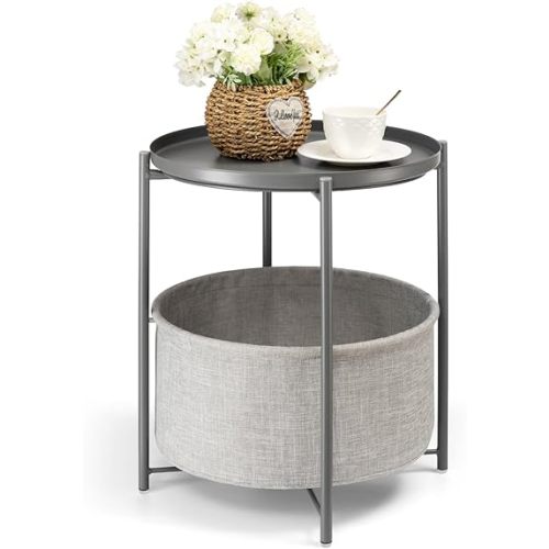 danpinera Round Side Table with Fabric Storage Basket, Metal Side Table Small Bedside Nightstand with Removable Tray Top for Living Room, Bedroom, Nursery, Laundry, Gray