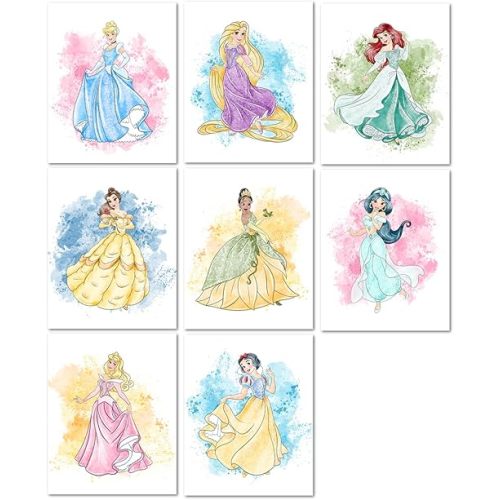Nistio Princess Nursery Wall Art Prints, Ariel Nursery Poster, Newborn Gift, Cinderella Baby Room Decor For Girls, Princess Cinderella, Rapunzel, Ariel, Belle, Tiana, Jasmine, Set of 8 Prints, 8x10
