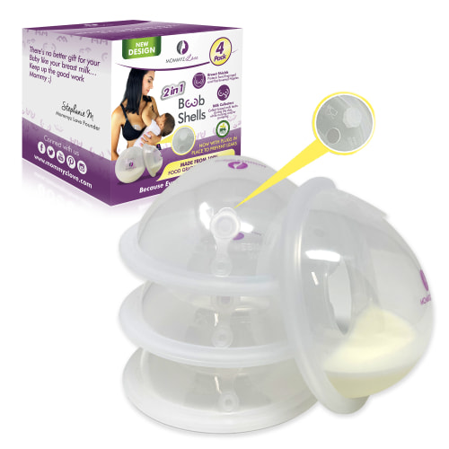 Breast Shell & Milk Catcher for Breastfeeding Relief (2 in 1) Protect Cracked, Sore, Engorged Nipples & Collect Breast Milk Leaks - With PLUGS (4 Pack)