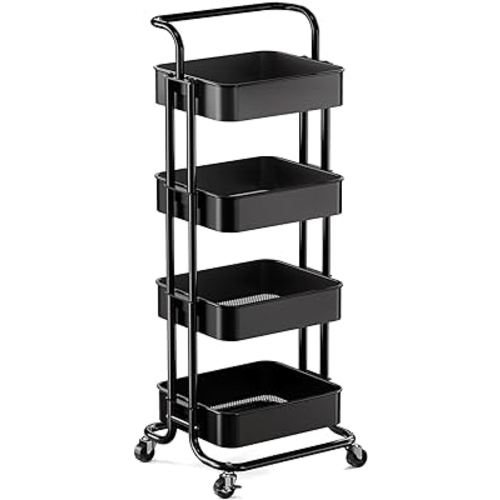 Pipishell 4 Tier Mesh Utility Cart, Rolling Metal Organization Cart with Handle and Lockable Wheels, Multifunctional Storage Shelves for Kitchen Living Room Office White, PIUC12B