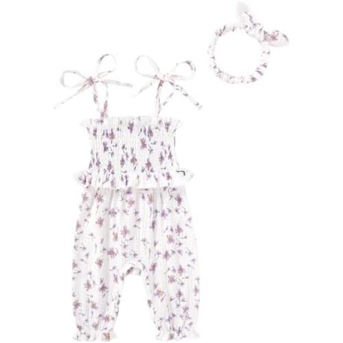 YOUNGER TREE Newborn Baby Girl Clothes Summer Sleeveless Smocked Romper with Headband Toddler Jumpsuit Outfits