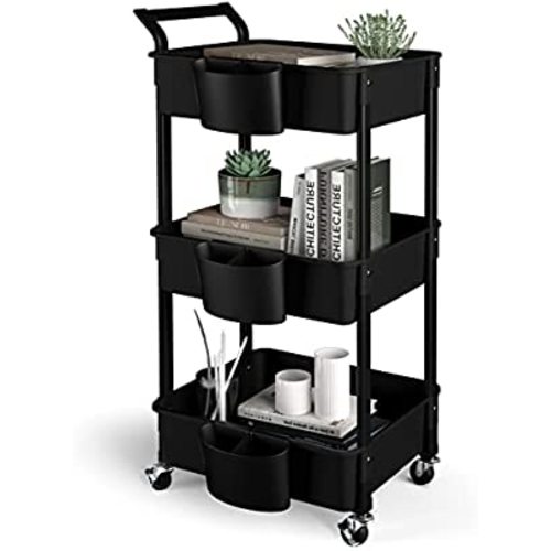 Hamone 3-Tier Utility Rolling Cart,Mobile Utility Cart with Lockable Caster Wheels,Storage Shelves Organizer Cart, 3 Hanging Baskets, Easy Assembly,for Bathroom, Kitchen, Office, Workshop,Black