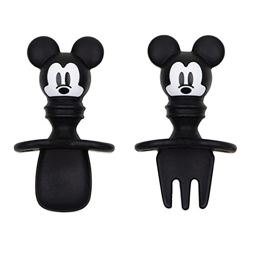 Bumkins Utensils, Disney Silicone Chewtensils, Baby Fork and Spoon Set, Training Utensils, Baby Led Weaning Stage 1 for Ages 6 Months+, Mickey Mouse