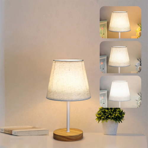 Table Lamp for Bedroom Nightstand | 3 Way Dimmable LED Desk Lamp with Flaxen Fabric Shade | Solid Wood Base | Eye Protection | Office Dorm Living Room | 1 Pack | 26.5x15x10cm