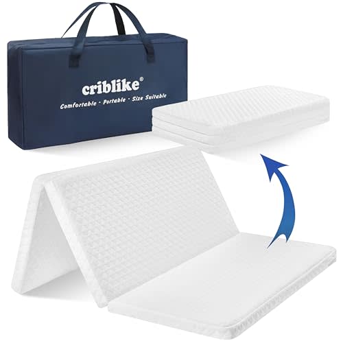 Criblike Trifold Pack and Play Mattress, Waterproof Playpen Mattress, Portable Crib Mattress Topper, with Soft Washable Cover, 38’’x26’’