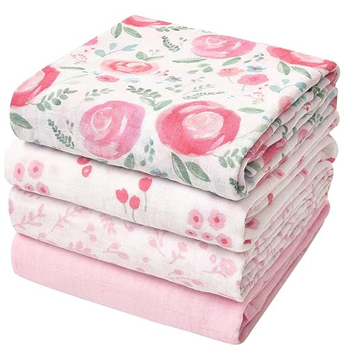 david's kids 4 Pack Baby Muslin Swaddle Blankets, 100% Cotton Swaddling Blankets Wrap for Girls, Ultra Soft Breathable Receiving Blanket, New Born Essentials, Floral Flowers/Pink