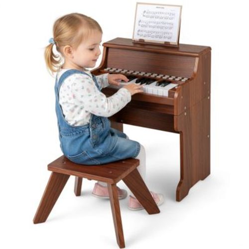 Costway 25 Keys Digital Piano with Music Stand Stool Lighted Keys Teaching Mode for 3+ Kids Brown