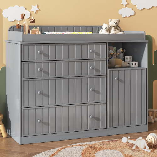 Aphthongs Baby Changing Table Dresser, Nursery Changing Station with 4 Large Drawers & Side Cabinet, Soft Close Storage Chest with Anti-Tipping Device for Infant Room