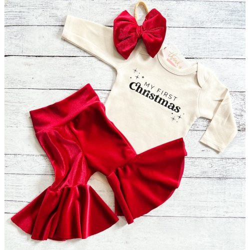 Baby Girl First Christmas Outfit, Newborn Christmas Outfit, Velvet Flare Bell Bottoms, Niece Aunt Gift