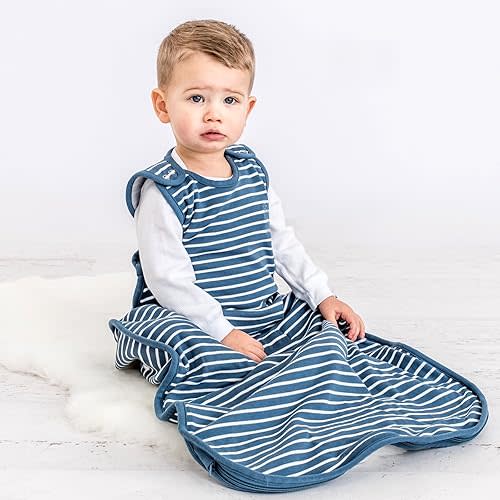 Woolino 4 Season Ultimate Baby Sleeping Bag - Merino Wool and Organic Cotton Universal Size Adjustable Sleep Sack for Baby - Two-Way Zipper Sleeping Bag (2-24 Months) - Navy Blue
