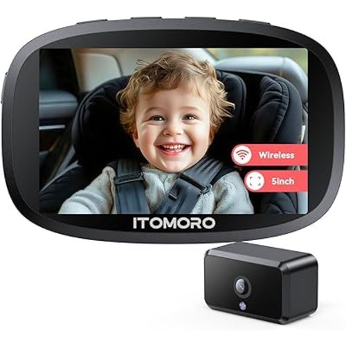 Itomoro Wireless Baby Car Camera, Rechargeable Car Baby Monitor with 5" HD 1080P Night Vision Display, Backseat Camera for Kids Max Range 1000FT, Easy Installation 360° Rotatable Rear Facing Mirrors
