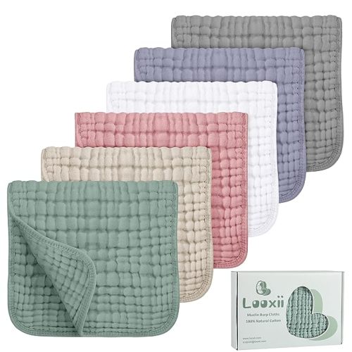 Looxii Muslin Burp Cloths 100% Cotton Muslin Cloths Large 20''x10'' Extra Soft and Absorbent 6 Pack Baby Burping Cloth for Boys and Girls(Multicolor) - Multi-colored