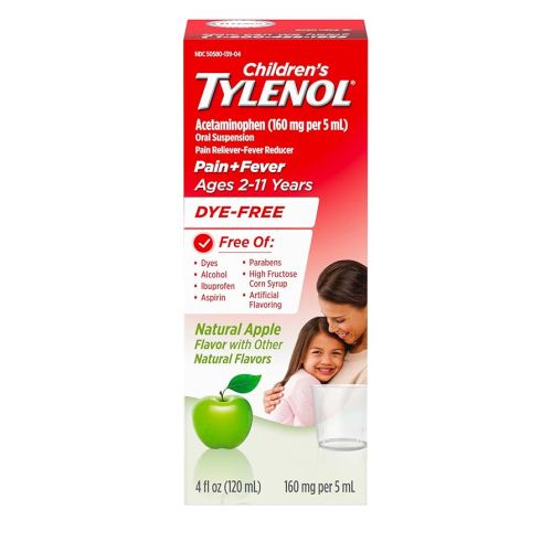 Children's Tylenol Liquid Pain Relief & Fever Medicine, Acetaminophen Oral Suspension, Free of Dyes, Aspirin, Ibuprofen, High Fructose Corn Syrup; Natural Apple Flavor, 4 fl. Oz