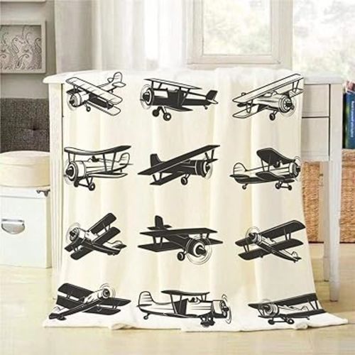 Mugod Aircraft Sign Throw Blanket Set of Vintage Airplanes Icons Decorative Soft Warm Cozy Flannel Plush Throws Blankets for Baby Toddler Dog Cat 30 X 40 Inch