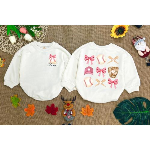 Baseball Coquette Bow Romper Sweatshirt, Pink Bow Baby Gift, Game Day Vibes, Coquette Baseball Baby Bodysuit, Newborn Clothes,Baby Shower