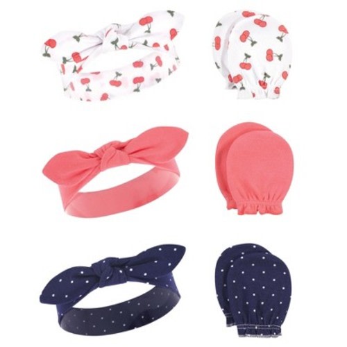 Hudson Baby Infant Girl Cotton Headband and Scratch Mitten 6pc Set, Cherries, 0-6 Months