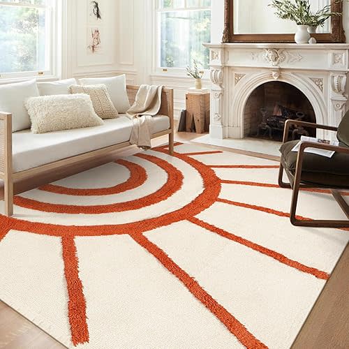 OJIA Bedroom Rug - 5'x8' Washable, Boho Orange Sun, Super Soft Tufted Modern Farmhouse Cute Bedside Area Rug for Dorm/Playroom/Nursery Room