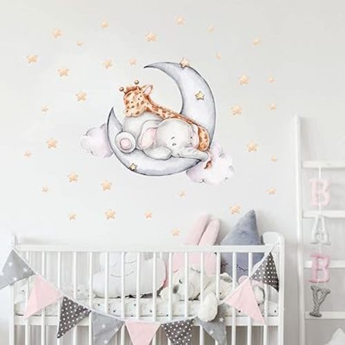 Cute Elephant and Giraffe Sleeping on the Moon with Stars Nursery Decor Cute Giraffe and Elephant Wall Decals Vinyl Wall Stickers for Kids Boys Girls Bedroom Daycare Classroom Playroom and Kids Room Wall decor