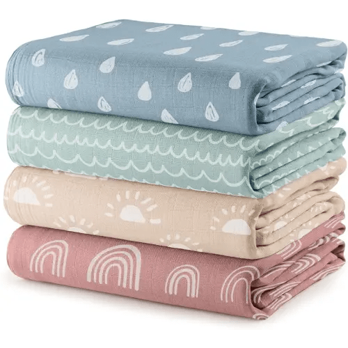 Comfy Cubs Muslin Swaddle Blankets Pack of 4 - 119 x 119 cm, Soft Cotton Baby Blanket Set, Large Swaddling Wraps for Newborns - Self-Soothing Baby Swaddle - Sun, Rainbow, Rain, Doodle