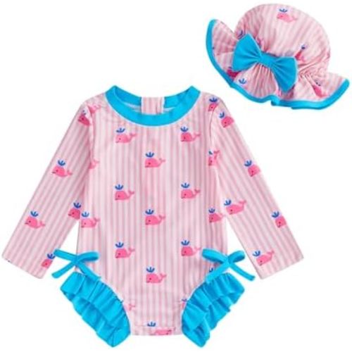 Newborn Baby Girl Swimsuit Whale Print Bathing Suit One Piece Ruffle Long Sleeve Baby Swim Suit Infant Swimwear