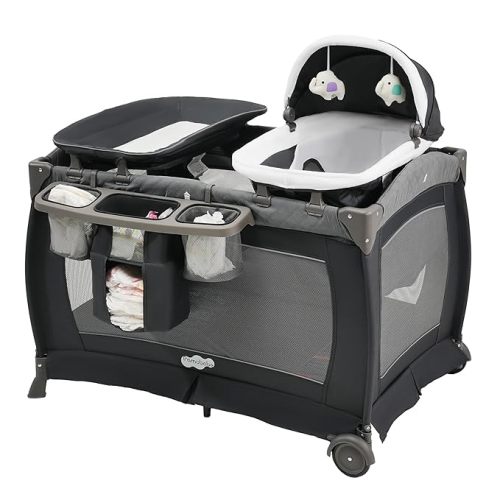 Pamo Babe Playard Portable Playard Foldable Playpen for Baby and Toddler Portable Crib Mattress Diaper Changer for Newborn (Grey)