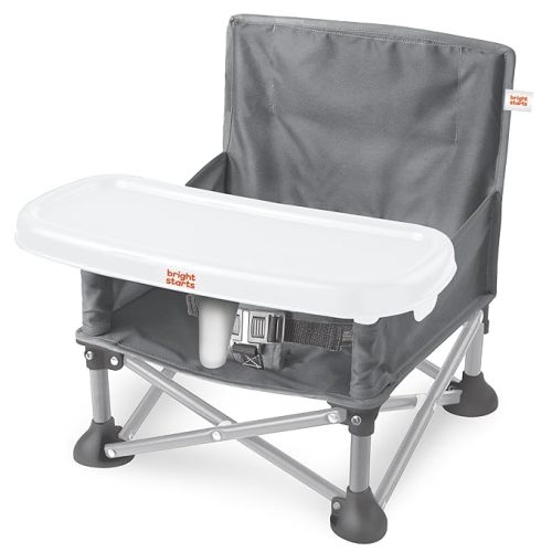 Bright Starts Pop 'N Sit Portable Booster, Indoor/Outdoor Use, Floor Seat with Feeding Tray, Grey, 6 Mos - 3 Yrs