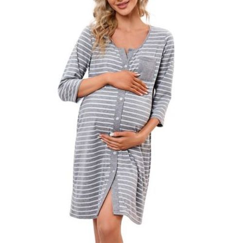 WhizMax Mothers Day Gifts Maternity Nightgown Women's 3/4 Sleeve Striped Nursing Sleepshirt Full Button Breastfeeding Sleep Dress coffee color L