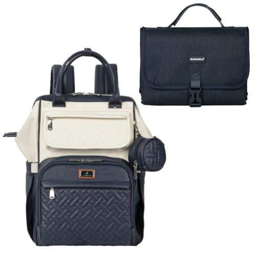 BabbleRoo Portable Changing Pad Navy Blue & Wide-top Vegan Leather Diaper Bag Blue Cream