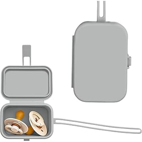 Baby's Aid Silicone Pacifier Case, No Open Slot with Patented Closure, Dishwasher Safe, Attaches to Diaper Bag or Stroller, Holds 2 Pacifiers, (Grey)