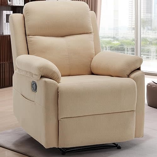 Recliner Chair, Small Recliner Chair for Small Spaces, Manual Recliner Upholstered Corduroy with Side Pockets, Reclining Chair for Living Room, Nursery, Khaki