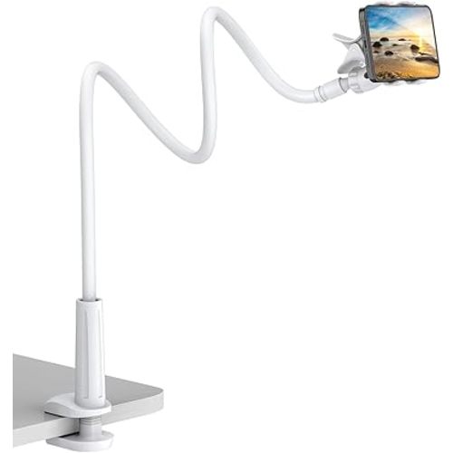 Gooseneck Cell Phone Holder, Universal 360 Flexible Phone Stand Lazy Bracket Mount Long Arms Clamp for Phone 13 Pro Xs Max XR X 8 7 6 6s Plus and Other 3.5~6.7'' Device (White)…