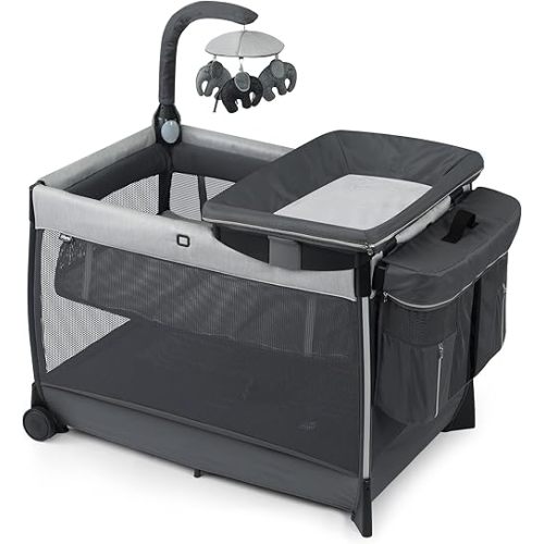 Chicco Lullaby® Zip All-in-One Portable Playard, Infant Bassinet and Changer, Electronic Toy Bar, Toddler Playard, Travel Friendly | Driftwood/Grey