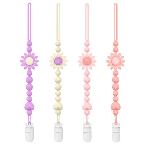 Baby Pacifier Clips One Piece Binky Clip Holder Silicone Teether Clip Pacifier Straps with Clip Baby Teether Toys for Boys and Girls Set of 4 apricot + purple+right pink+pink