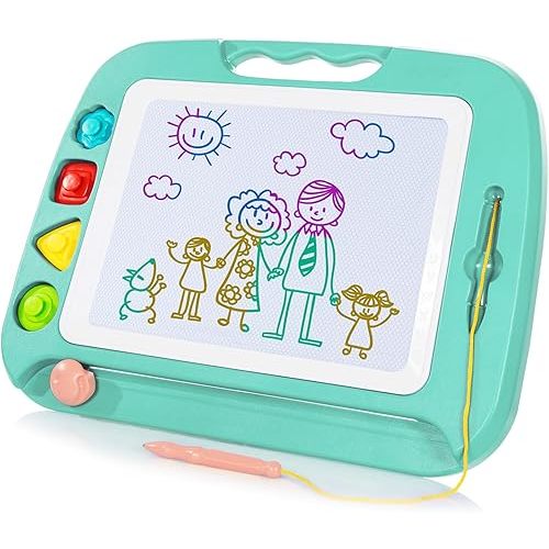 SGILE Large Magnetic Drawing Board - 4 Colors 16×13in Doodle Pad with 4 Stamps for Toddlers, Learning Toy Board Etch Sketch Gift for 36+ Month Kids Girls Boys, Green