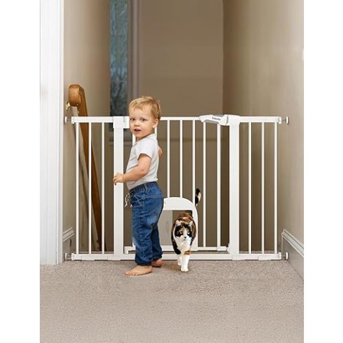 Babelio 29-48" Extra Wide Baby Gate with Adjustable Cat Door,Easy Install Pressure/Hardware Mounted Pet Door for Stairs,Doorways,House,Auto Close,White