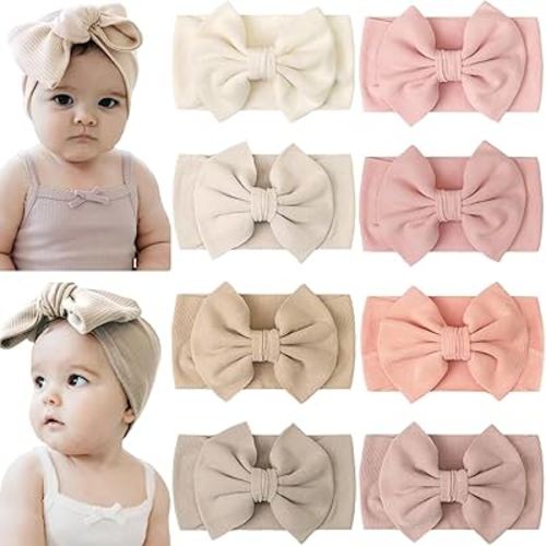 CÉLLOT 8 Colors Super Stretchy Soft Knot Baby Girl Headbands with Hair Bows Nylon Head Wrap For Newborn Baby Girls Infants Toddlers Kids