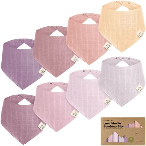 8pk Lumi Muslin Baby Bibs, Bandana Bibs for Baby Boy, Baby Girl, Muslin Drool Bib for Newborn, Toddler Girl, Boy (Lavender)