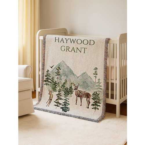 Woodland Baby Blanket Personalized Deer Boys Blanket Wildlife Name Blanket Hunting Cotton Woven Quilt Forest Heirloom Baby Gift