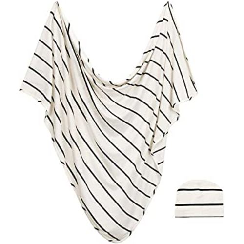 Bazzle Baby Blanket Set, Baby Girl or Baby Boy Swaddle and Hat Set, 36 x 36 inch Comfortable Newborn Swaddle Set for Newborn Girls and Boys, Classic Stripe