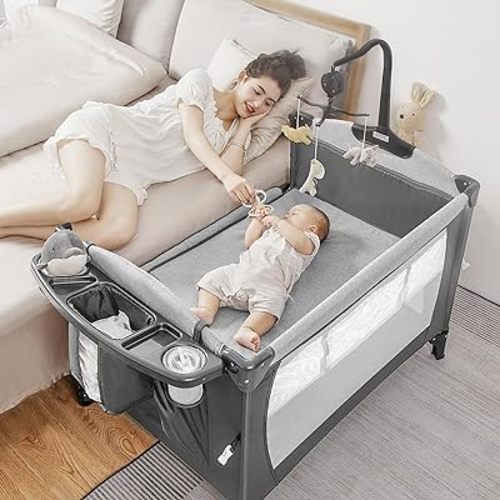 5-in-1 Pack and Play, Baby Bassinet Bedside Sleeper with U-Shaped Diaper Changer, Portable Toddler Playard for Newborn to Toddlers, Baby Crib with 4 Adjustable Height,Carry Bag,Easy to Install (Grey)