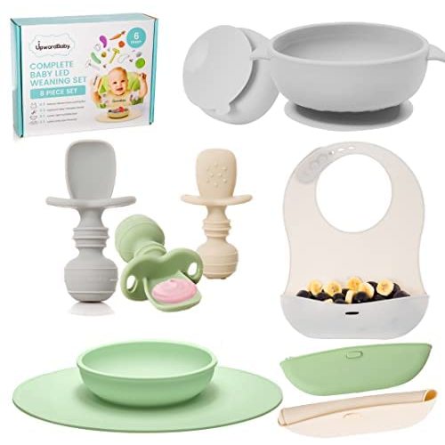 Baby Feeding Supplies - Upward Baby Led Weaning Utensils Set - Silicone Suction Baby Bowl with Spoons Bibs and Plate Placemat - Dishwasher Safe