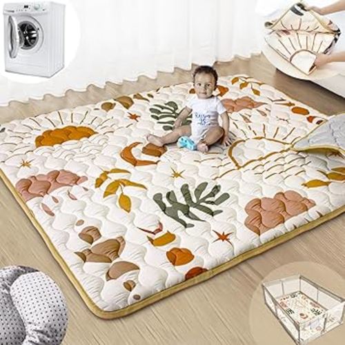 Baby Play Mats for Floor, 71”x59” Extra Thicker & Larger Super Soft Playmat for Babies and Toddlers, Foldable Washable, Upgrade Anti-Slip Crawling Mat for Playpen(Boho Nature)