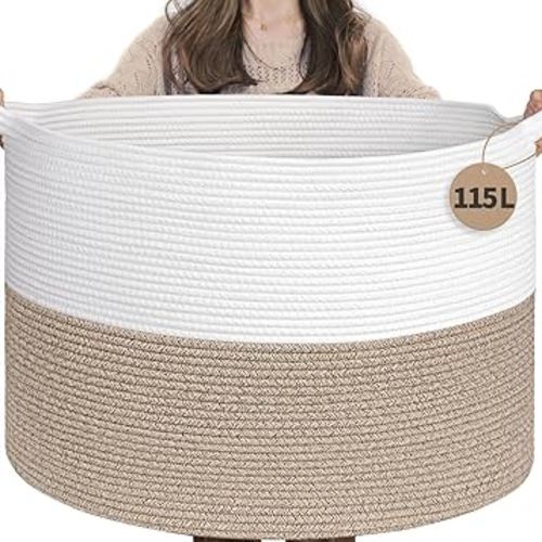 INDRESSME 115L Extra Large Blanket Basket, Soft Cotton Rope Storage Baskets for Organizing Living Room Décor Toy Storage for Kids,Decorative Woven Basket for Laundry & Towels, Light Brown