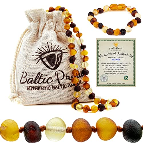 Baltic Proud Raw Amber Necklace and Bracelet Gift Set (Unisex Multi 12.5 Inches/5.5 Inches) - Certified Premium Quality Sea