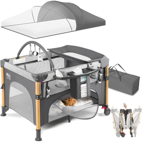 Baby Bassinet Bedside Crib with One-Hand Setup 5-in-1 Foldable Pack n Play for Travel, Portable Baby Bassinet with Diaper Changer & Adjustable Mattress for Newborn to Toddler (Grey)