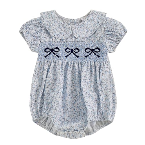 Filgriox Newborn Baby Girl Romper Bow Embroidery Peter Pan Collar Short Sleeve Bubble Bodysuit Summer Clothes
